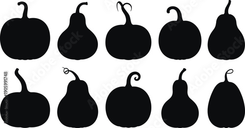 Pumpkin silhouette set collection, halloween squash and gourd shapes icons, autumn harvest vegetable black vector illustration isolated on white background
