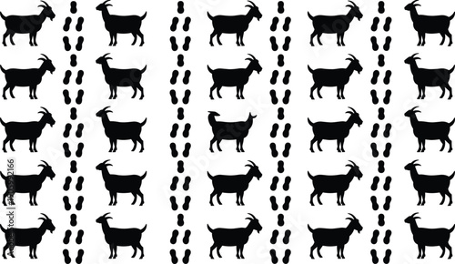 Seamless vector pattern with goat silhouettes and peanut icons, bold black farm animal design, agricultural food motif, decorative repetitive grid illustration
