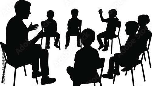Silhouette of male teacher leading group discussion with children sitting on chairs, classroom circle time activity, education communication concept illustration