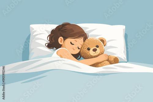 Little girl sleeping peacefully with her teddy bear in bed.