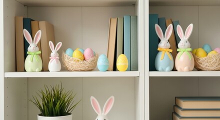 easter bunny decorations and colorful eggs on white bookshelf creating festive atmosphere