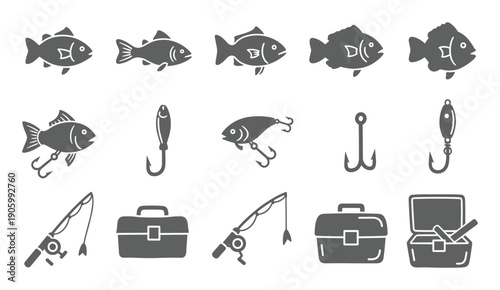 Fishing and travel silhouette icon set with fish hooks rods and luggage items