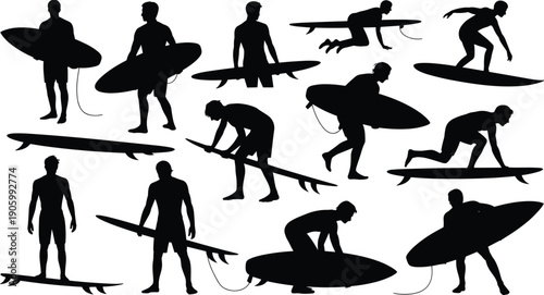 Surfer silhouette set with surfboard, man standing walking paddling and riding waves, surfing sport action poses, beach summer activity illustration