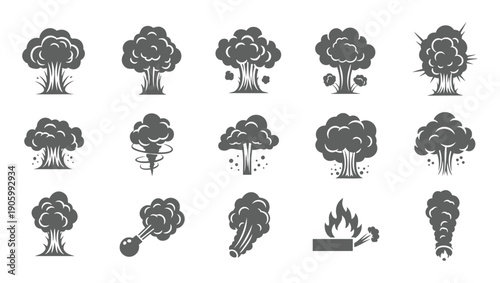 Tree silhouette icon set showing different growth conditions and environmental states