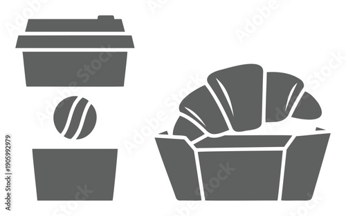 Coffee cup and pastry silhouette scene with croissant muffin and caf� elements