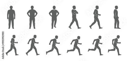 Human walking and running silhouette sequence showing motion and movement stages