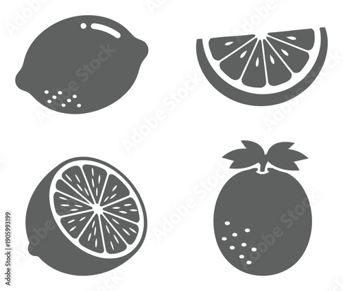 Citrus fruit silhouette set featuring lemon orange lime and pomegranate