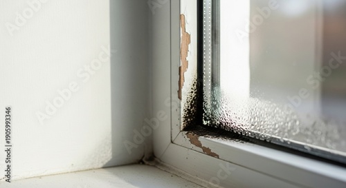 close-up of mold growth on window frame during winter in a poorly ventilated home