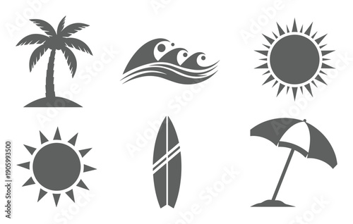 Beach and summer activity silhouette icon set with leisure and outdoor elements