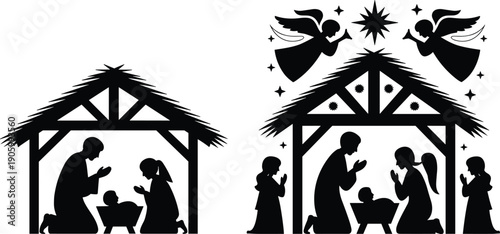 Vector silhouettes of nativity scenes with Mary, Joseph, baby Jesus, angels, and stars, bold black design for Christmas, religion, spirituality, and tradition