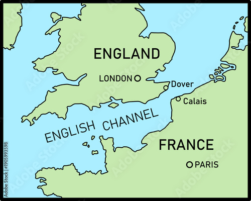 Slika na platnu Stylized Simple Basic Map of English Channel with Minimal Information such as Names of England France London Paris Dover and Calais