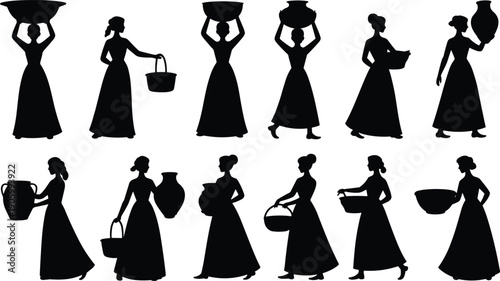 Village woman silhouette set carrying water pots and baskets, rural female daily life activities in traditional dress, cultural lifestyle illustration isolated on white background