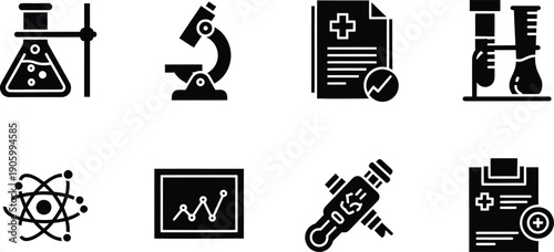 Laboratory and health monitoring icons including scientific instruments, medical charts, and temperature symbols