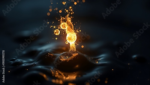 submicroscopic. A single, complex, glowing molecule emerges from a dark, primordial aqueous solution, symbolizing the spark of life. STEM education sheets.