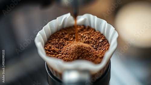 portafilter. Close-up of fresh ground coffee in a portafilter, coffee brewing preparation. bar promotions, beverage menus, designed for food & beverage menus and cafe branding, inspires menu design.