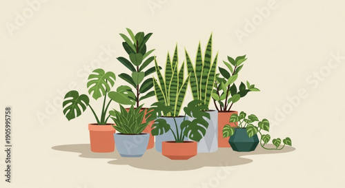 Collection of diverse houseplants in colorful pots on beige background indoor plants for decoration and air purification
