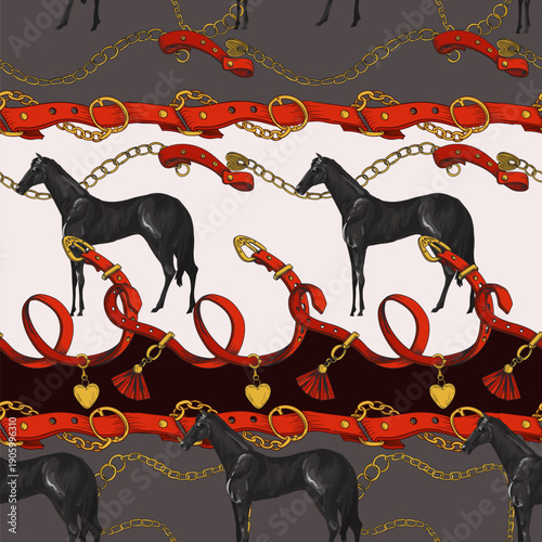Seamless pattern with horses and belts. Vector.