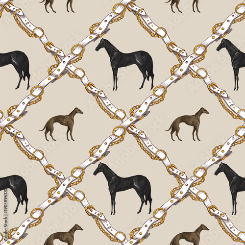 Seamless pattern with horses and belts. Vector.