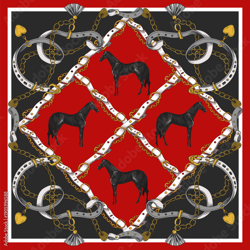 Design scarf with belts and horses. Vector.