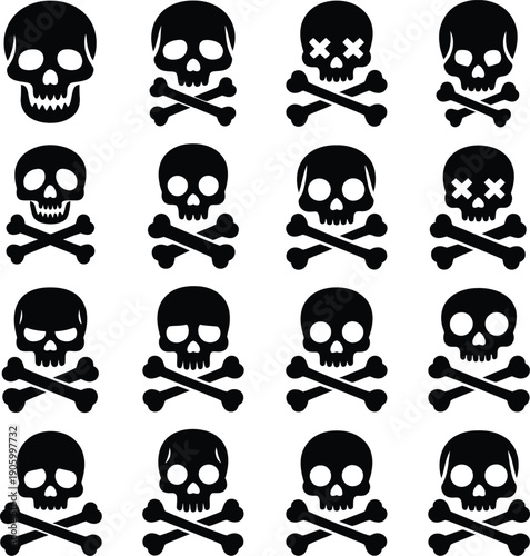 A collection of black skull and crossbones symbols on a white background