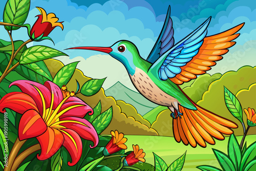 Colorful hummingbird flying gracefully while sipping nectar from vibrant red flower in natural setting delicate motion bright colors serene wildlife scene.