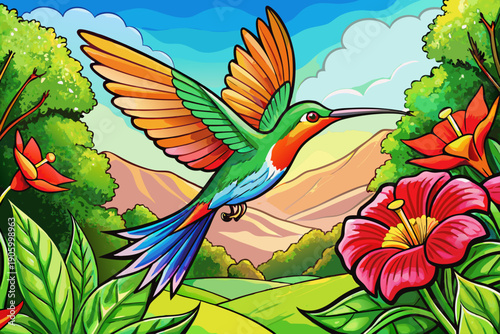 Colorful hummingbird flying gracefully while sipping nectar from vibrant red flower in natural setting delicate motion bright colors serene wildlife scene.