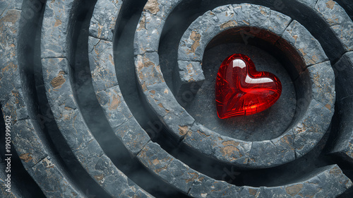 A heart-shaped object sits at the center of a stone maze representing love’s journey. This visual captures the challenge and perseverance in pursuing true love