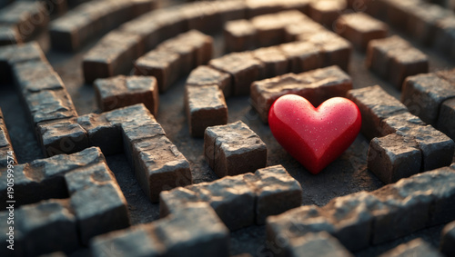 A heart at the center of a maze made of stone. It represents the journey of love and personal growth during Valentine's day