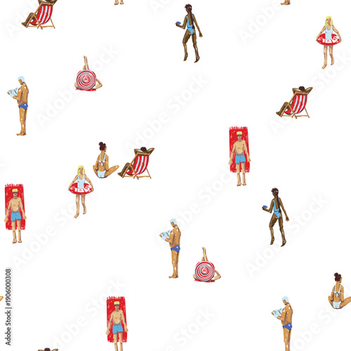 Summer people beach seamless vector pattern with vacation activities swimming relaxing sunbathing illustration