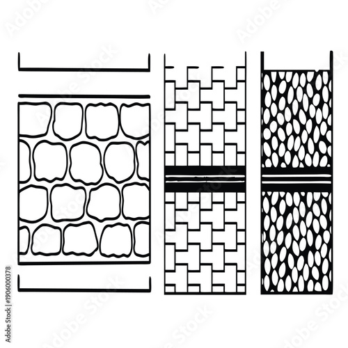 CAD Texture Drawings, stone wall  top and side view patterns, Stone, Gravel, and Pebble Section Pattern Outline Vector for Architectural Material Design