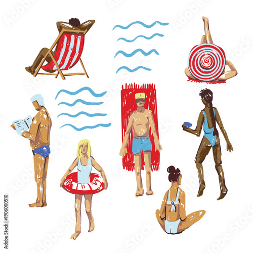 Summer people beach vector isolated with vacation activities swimming relaxing sunbathing illustration