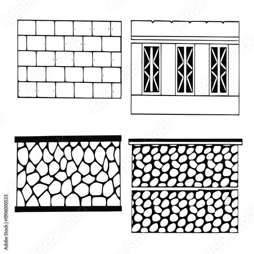 CAD Texture Drawings, stone wall  top and side view patterns, Stone, Gravel, and Pebble Section Pattern Outline Vector for Architectural Material Design