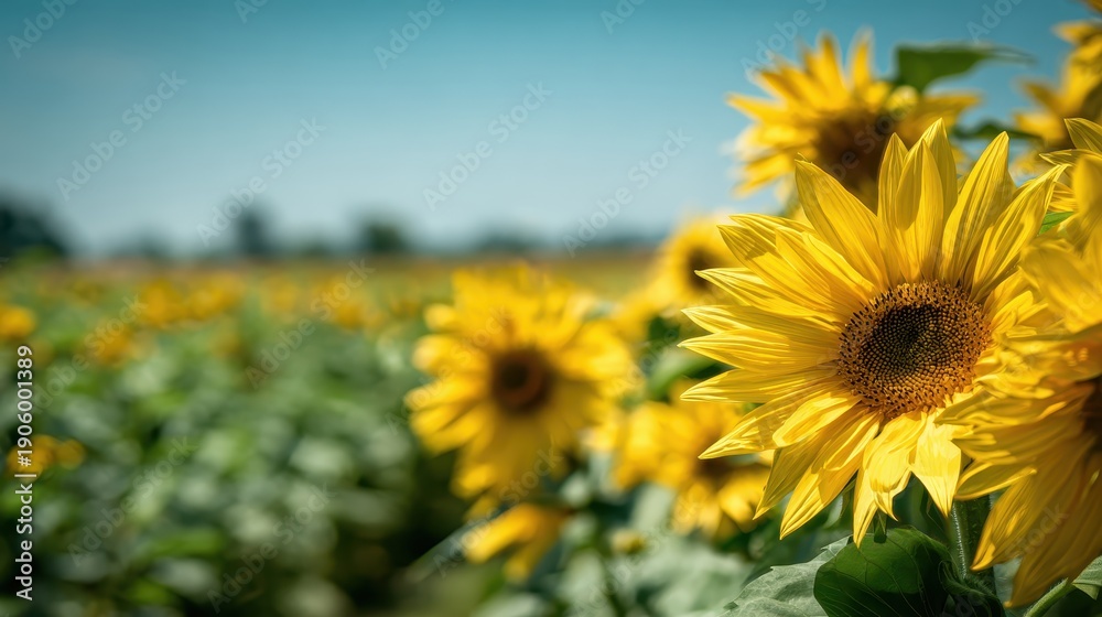 Fototapeta premium Vibrant Sunflowers in a Lush Green Field Under a Clear Blue Sky