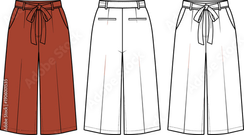 High Waisted Wide Leg Trousers Fashion Technical Sketch, Culottes with Tie Belt Flat Vector Illustration