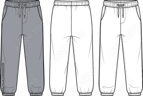 Mens and Womens Sweatpants Technical Sketch, Joggers Flat Vector Template Illustration