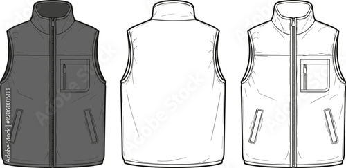 Mens Fleece Vest Technical Sketch, Sleeveless Jacket Flat Vector Illustration for Tech Pack
