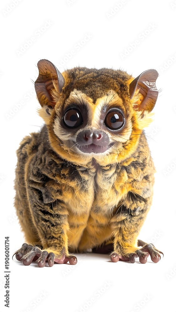 Fototapeta premium Small, furry animal with large eyes sits upright, looking directly at the viewer