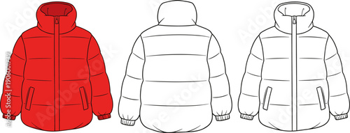 Puffer Jacket Technical Flat Sketch Vector - Quilted Winter Coat Template Front and Back View