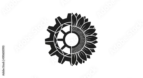 Half gear half sunflower design representing balance between industry and nature