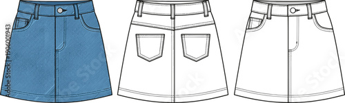 Women's Denim Mini Skirt Technical Flat Sketch, Jean Skirt Front and Back View Flat Vector