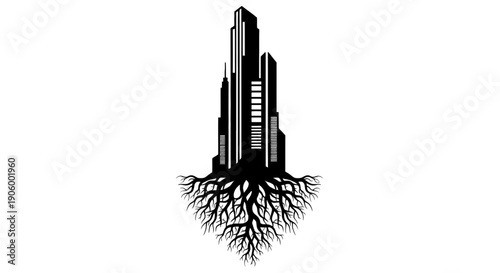 Skyscraper building with tree roots symbolizing urban nature integration and growth