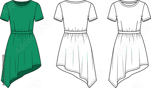 Women's Short Sleeve Asymmetrical Hem Dress Technical Flat Sketch, Flare Dress Vector Illustration