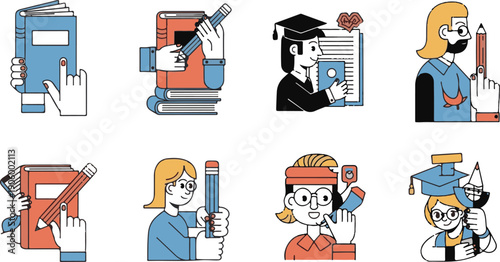 Academic Learning and Literacy Illustration Set - Hands Holding Books and Students with Pencils