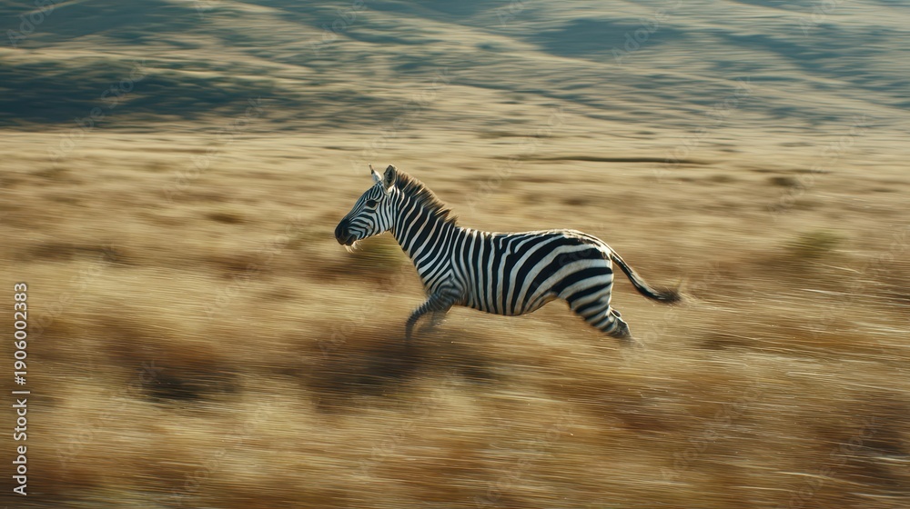 Naklejka premium Dynamic Zebra Running Through Golden Grasslands Under a Clear Sky