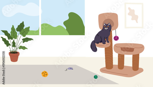 Place for cat in apartment or house with scratching post. Home furniture for pets. Kitty ball toys. Domestic animal on pillow bed. Empty comfortable room. Cozy interior. Vector concept