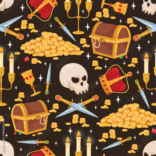 Pirate treasures seamless pattern. Gold coins. Wooden chests. Precious stones. Cold weapons and burning candles. Repeated print. Filibuster skull. Corsair wealth. Vector background