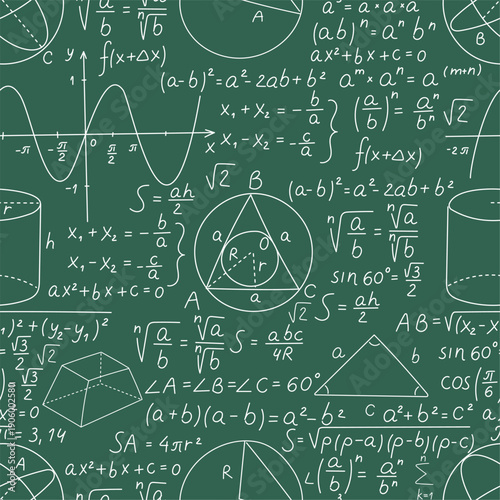 Green school board with mathematical formulas. Algebra calculations seamless pattern. Geometry graphs and trigonometry functions drawing at chalkboard. Vector blackboard background