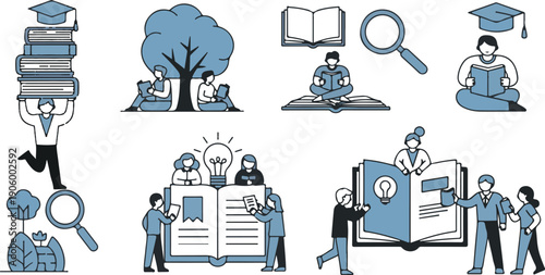 Academic Learning and Research Illustration Set - People Reading Books and Seeking Knowledge Concept