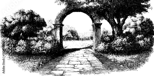 Vintage architectural arch with botanical elements hand-drawn sketch