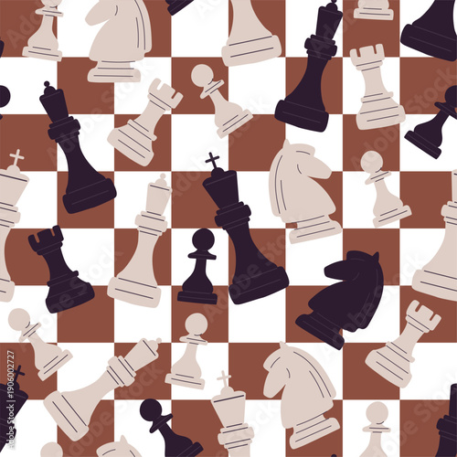 Chessboard with black and white chess pieces seamless pattern. Chessman competition. Repeated print. Logic challenge. Grandmasters checkmate. Bishop at checkerboard. Vector background